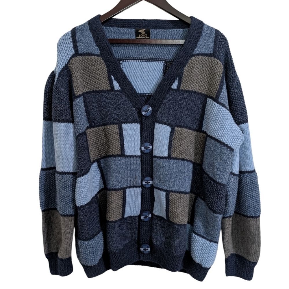 VINTAGE BONZ New Zealand Hand Made 100% Pure Wool Patchwork Cardigan - XL